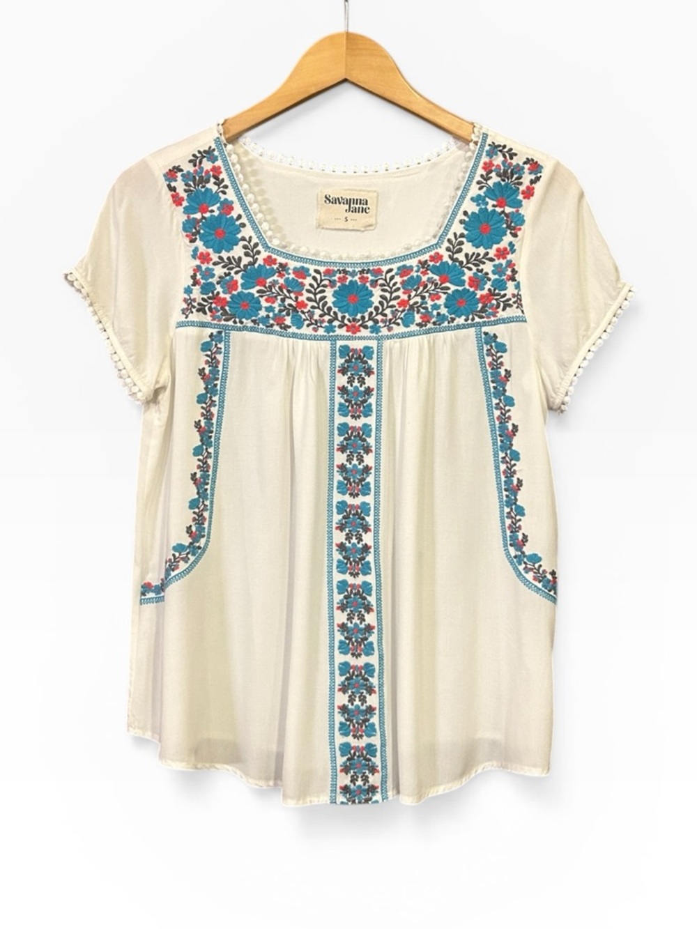 Savanna Jane Floral Embroidered Short Sleeve Square Neck Top White Size Small - Picture 4 of 13